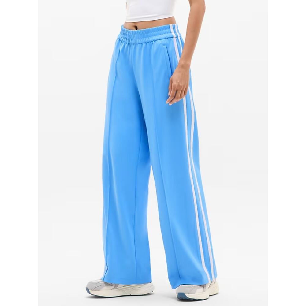 NWT Athleta Tempo Mid Rise Wide Leg Track Pant Blue White Size Medium